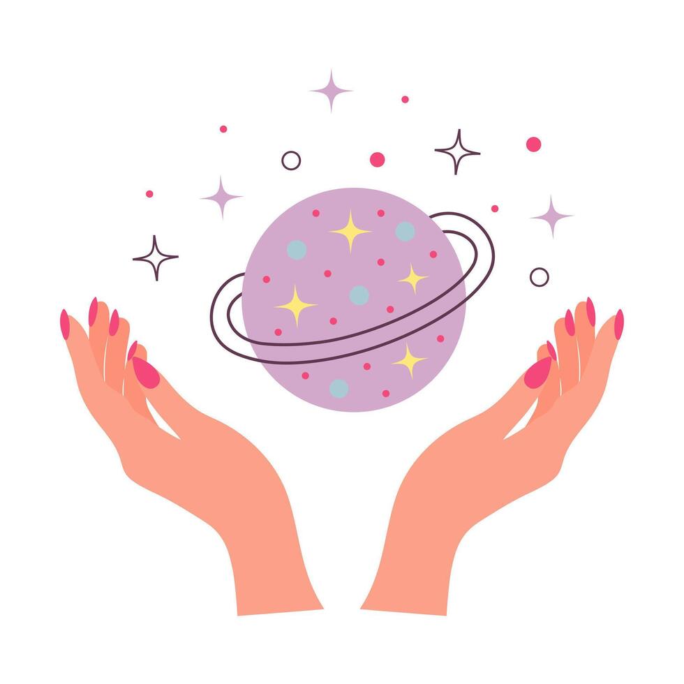 Female hands and   magic planet with stars. Magic ritual and ezoteric concept. Cartoon flat illustration. vector
