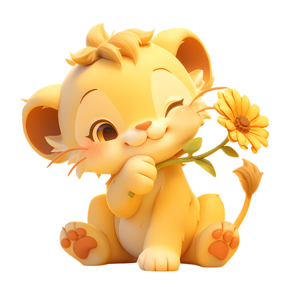 ai generado linda bebé león 3d dibujos animados carácter un flor png