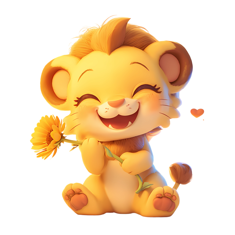 AI generated Cute Baby Lion 3d Cartoon CharacterHolding a Flower png