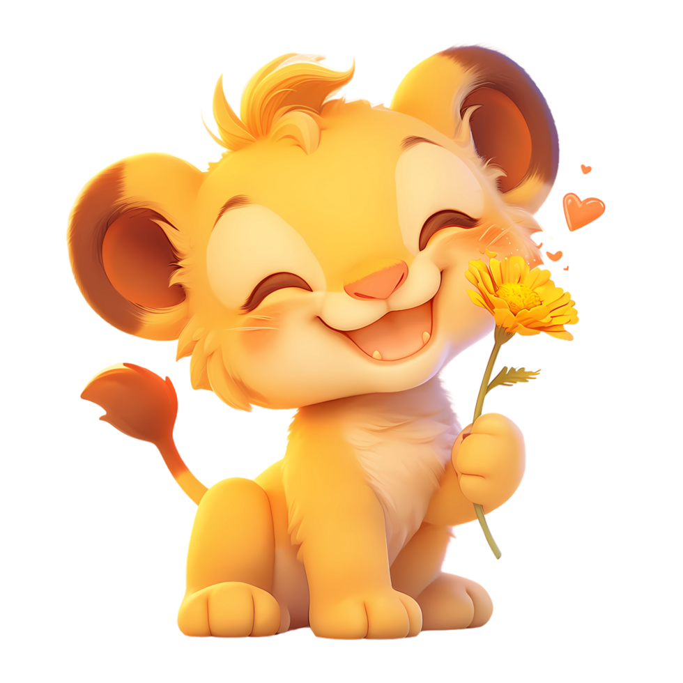 AI generated Cute Baby Lion 3d Cartoon CharacterHolding a Flower png