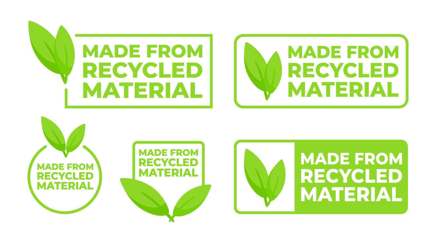 Set of labels indicating products are made from recycled material, featuring a green color scheme and leaf emblem for eco-awareness. vector