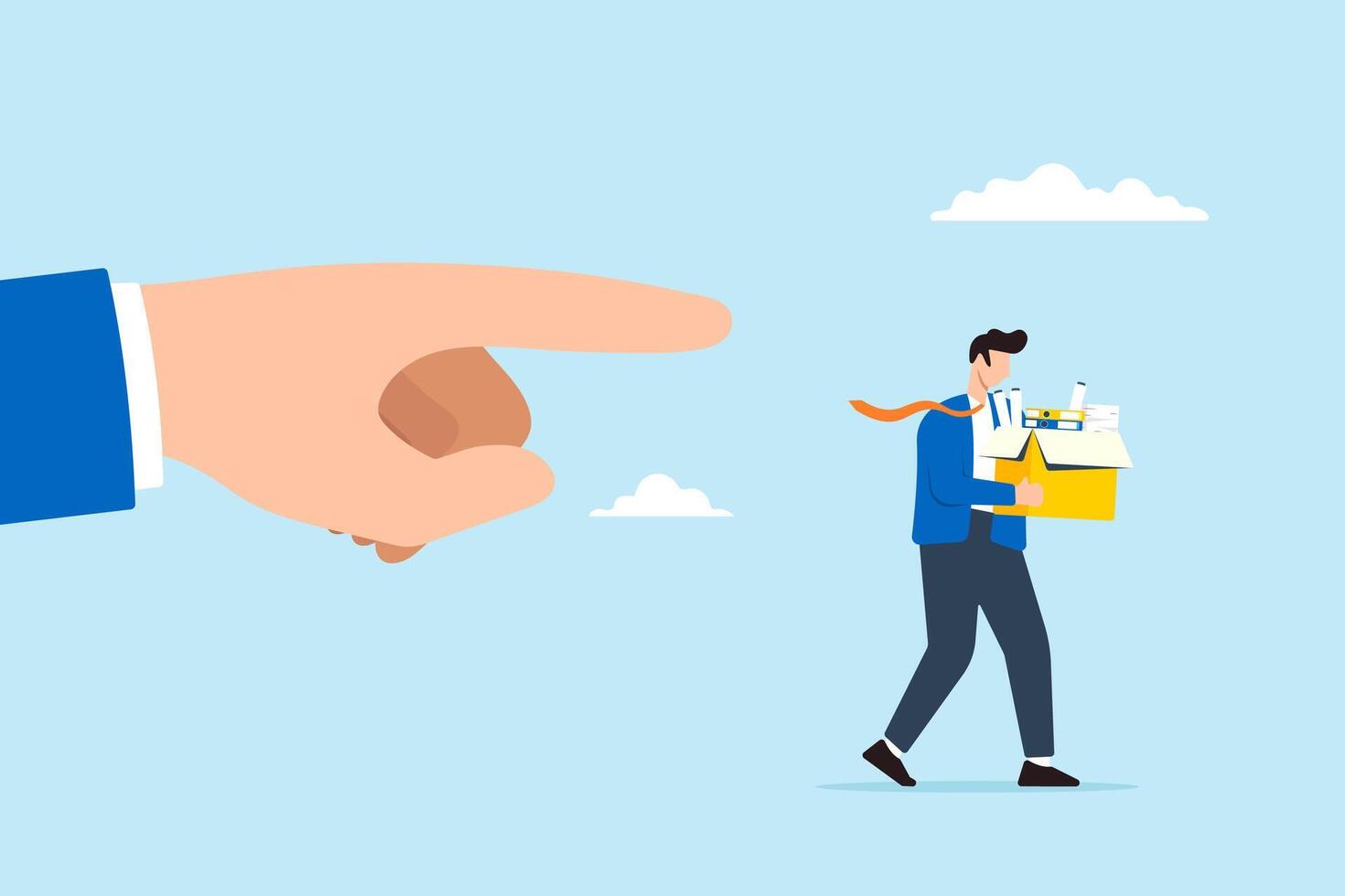 Manager hand pointing finger to fire employee. Concept of firing or laying off staff due to underperformance or misconduct, job loss, unemployment vector