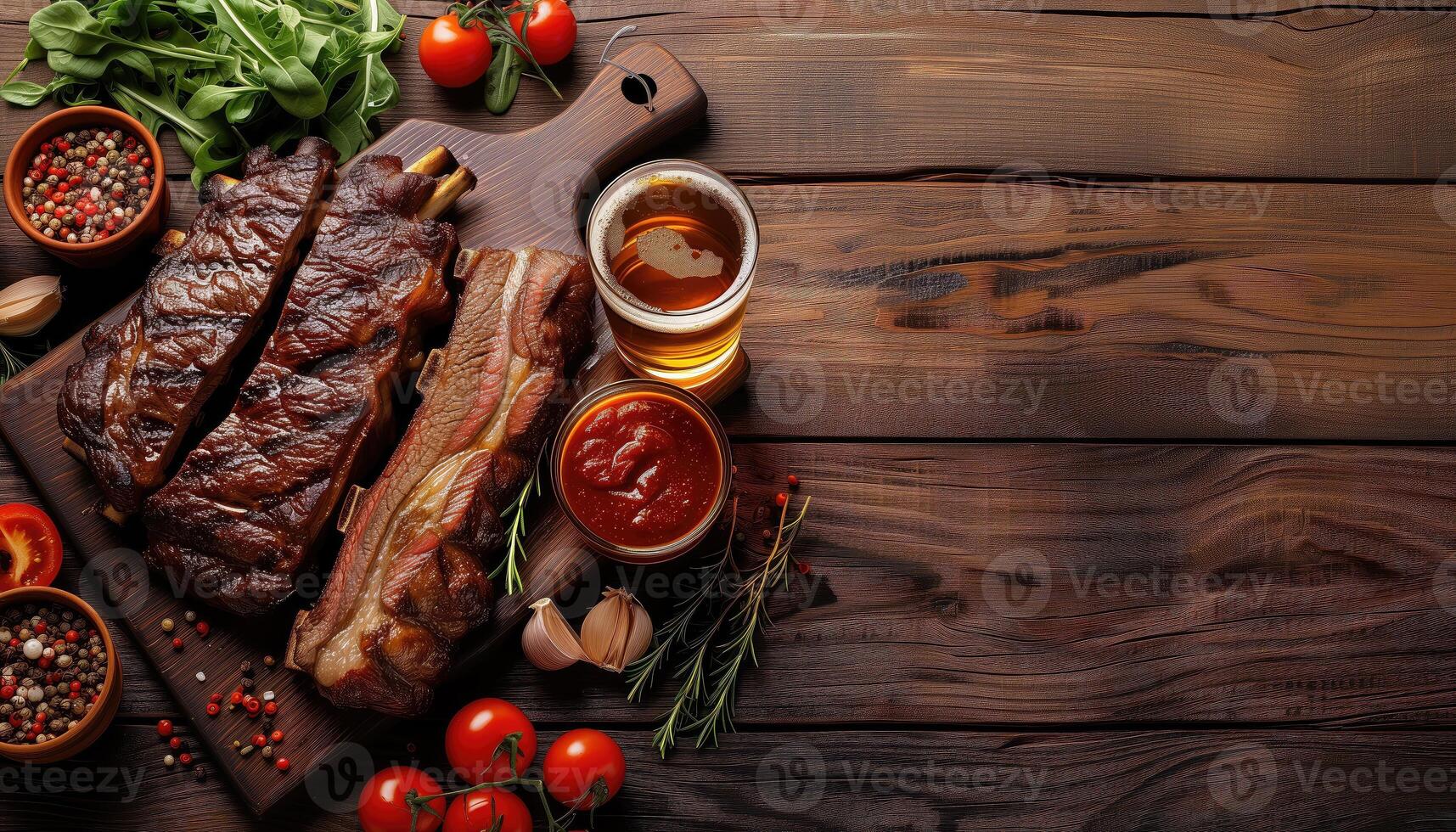 AI generated Wooden table served withgrilled meat, vegetables and beer. steak and lamb ribs on wooden cutting boards Top view, banner. photo