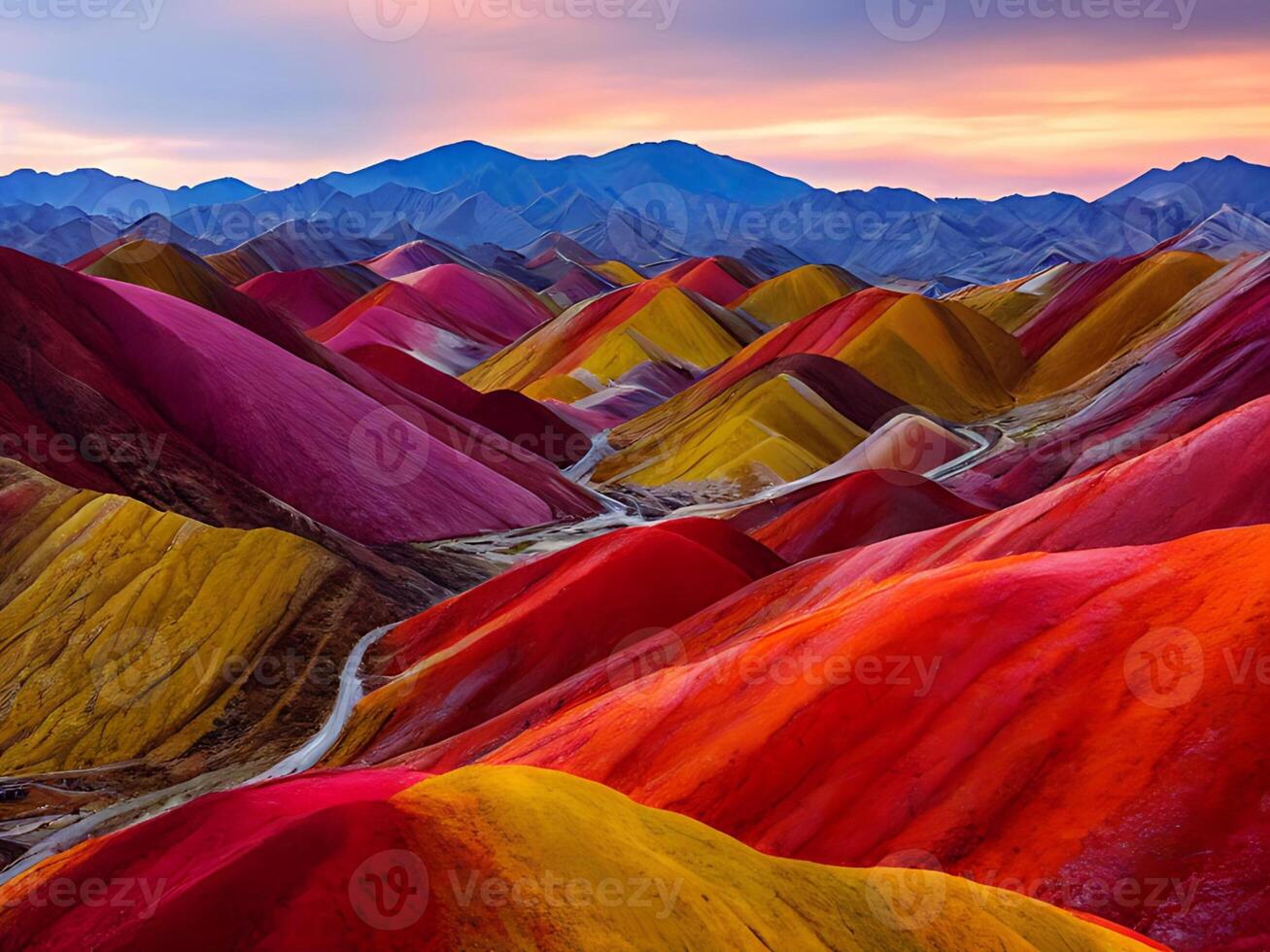 Amazing scenery of china mountains and blue sky background in sunset. Zhangye Danxia National Geopark, Gansu, China. Colorful landscape, rainbow hills, unusual colored rocks, sandstone erosion photo