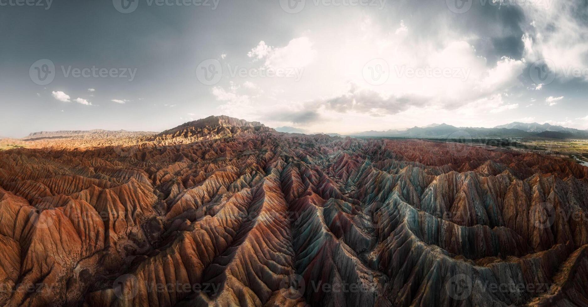 Amazing scenery of china mountains and blue sky background in sunset. Zhangye Danxia National Geopark, Gansu, China. Colorful landscape, rainbow hills, unusual colored rocks, sandstone erosion photo