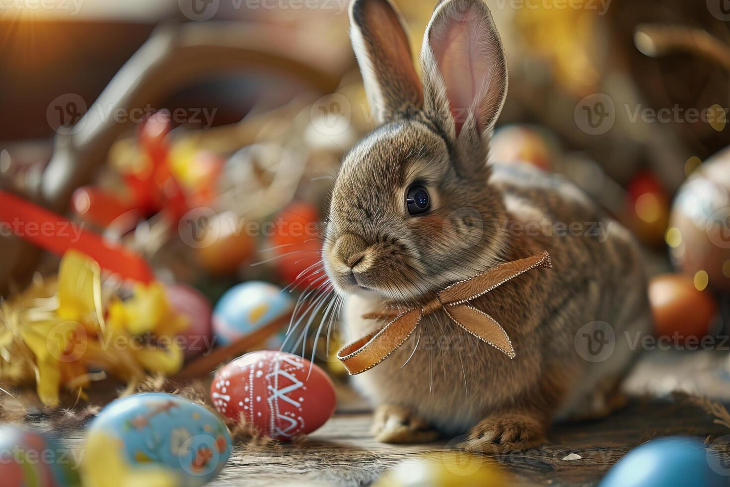 AI generated Playful bunny with a ribbon around its neck, surrounded by a variety of Easter eggs and a small kulich. photo