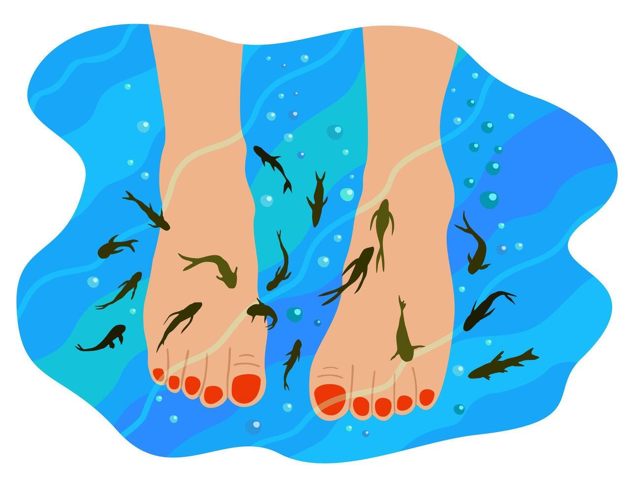 Fish spa. Pedicure wellness care treatment with rufa garra. Woman's legs with red pedicure in water with small fishes. Vector isolated illustration