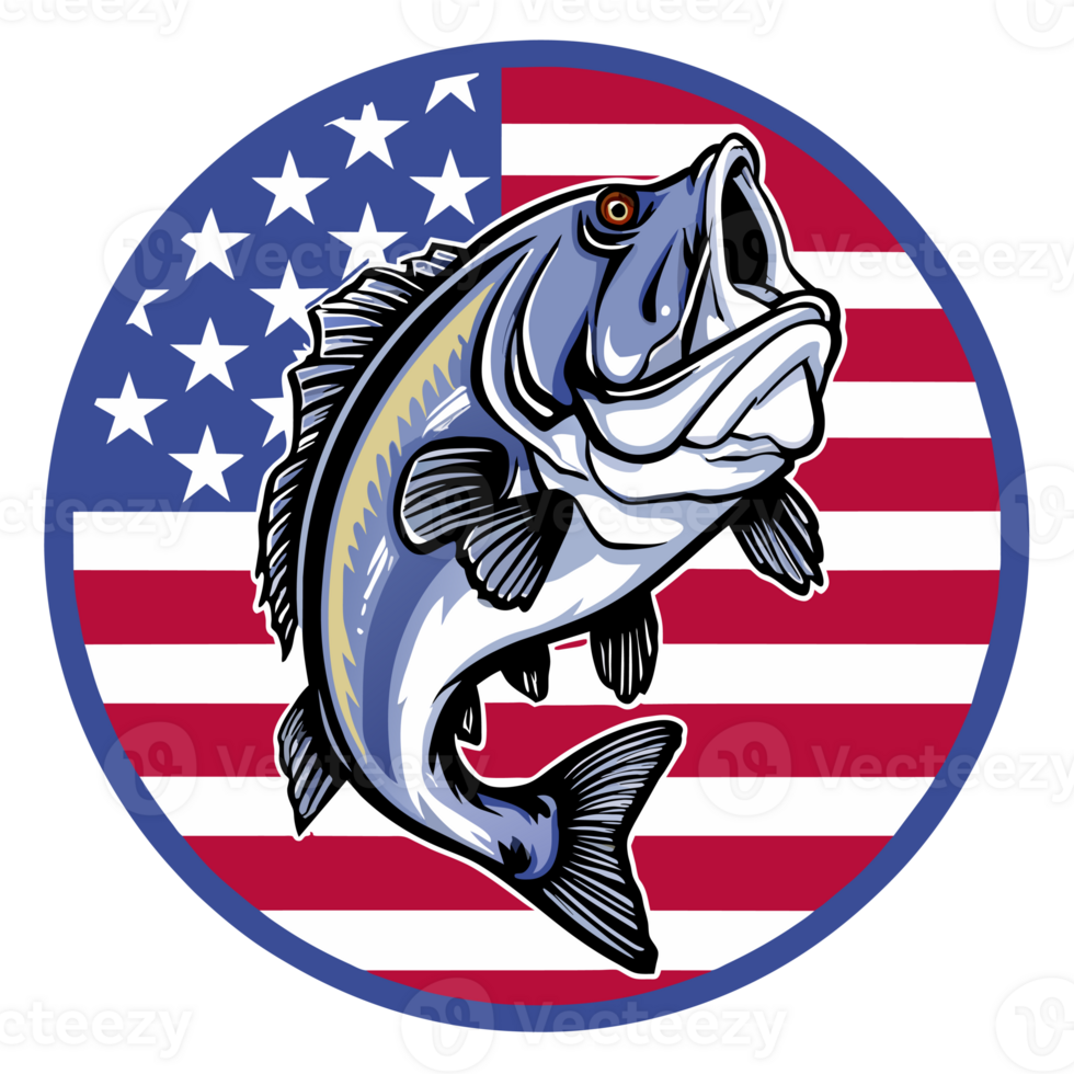 AI generated vintage graphic fish on the background of the American flag png