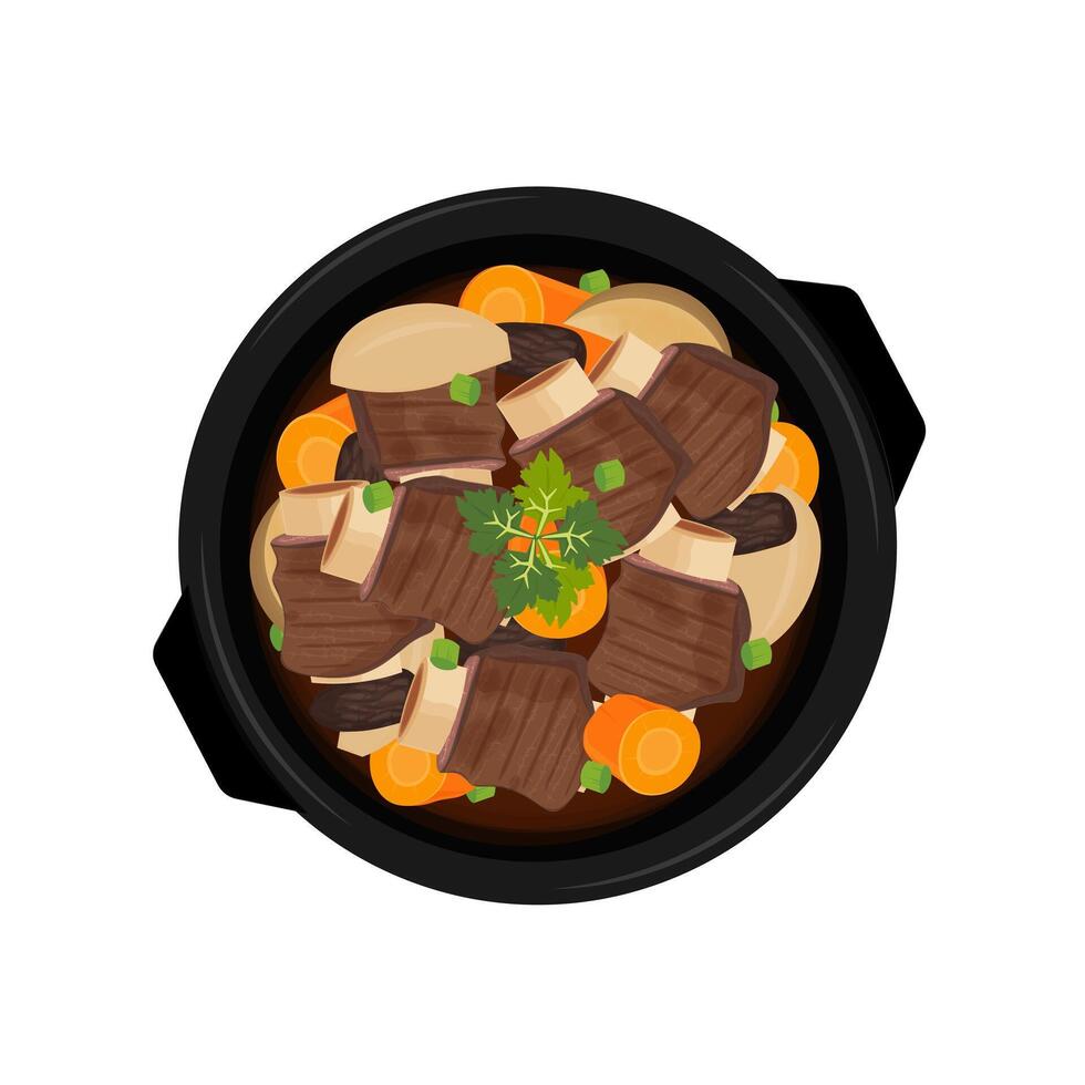Top View Galbi jjim Braised Short Ribs on a Ttukbaegi vector