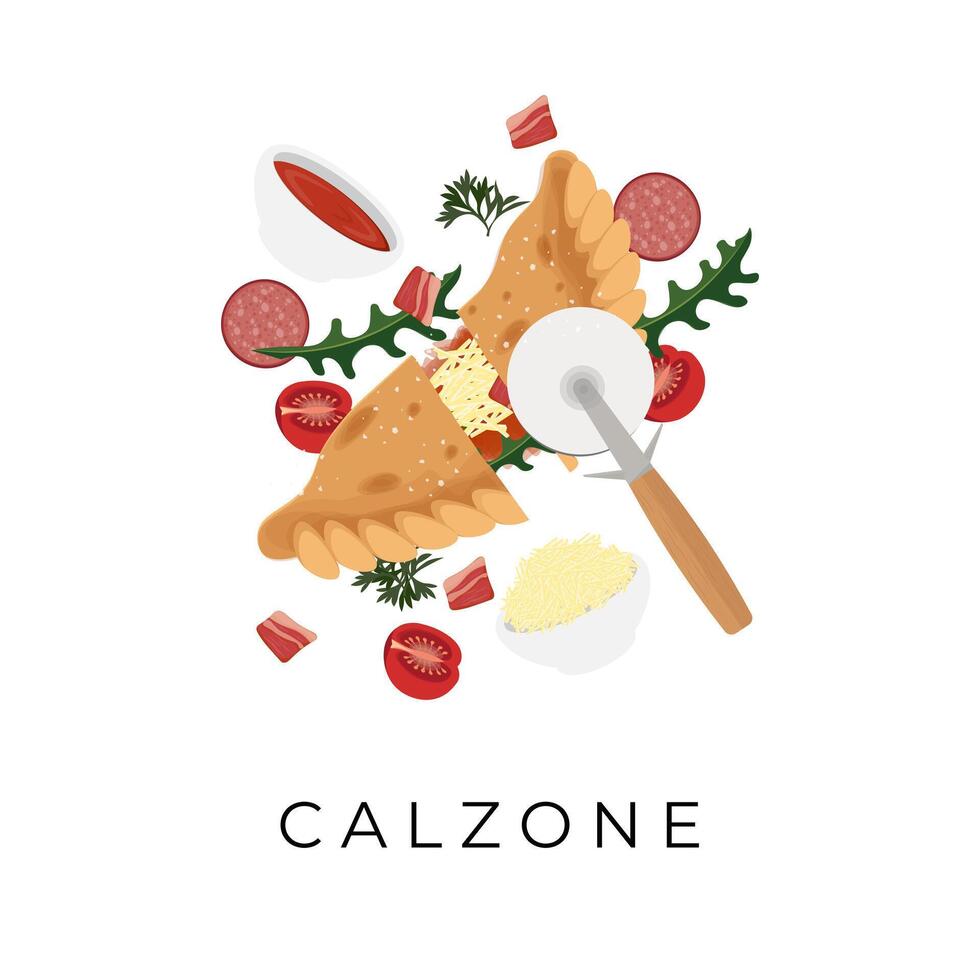 Vector illustration logo Cut Calzone pizza or folded pizza