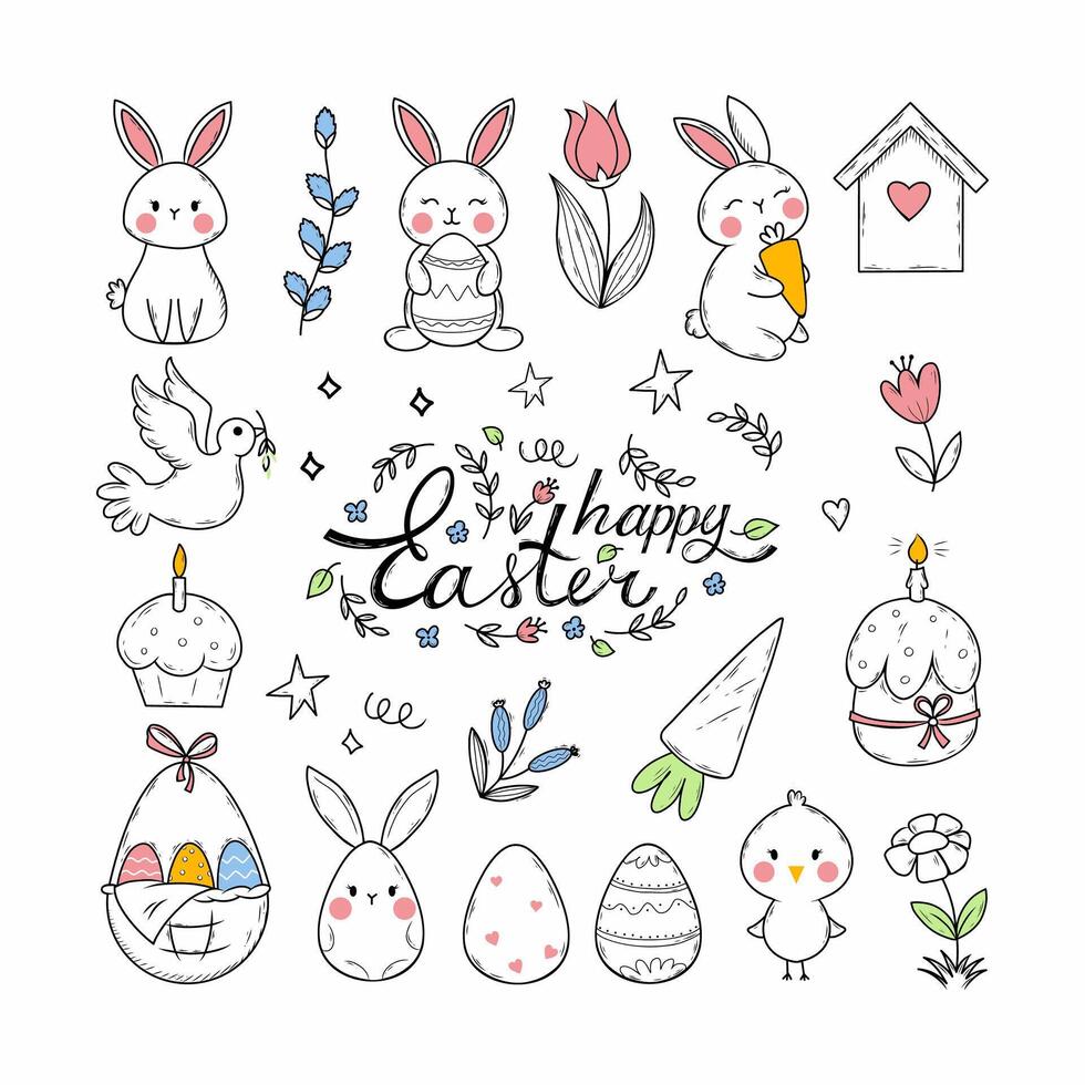 Big set for Easter. Vector doodle illustration. Spring Collection of hand drawn elements. Lethering.