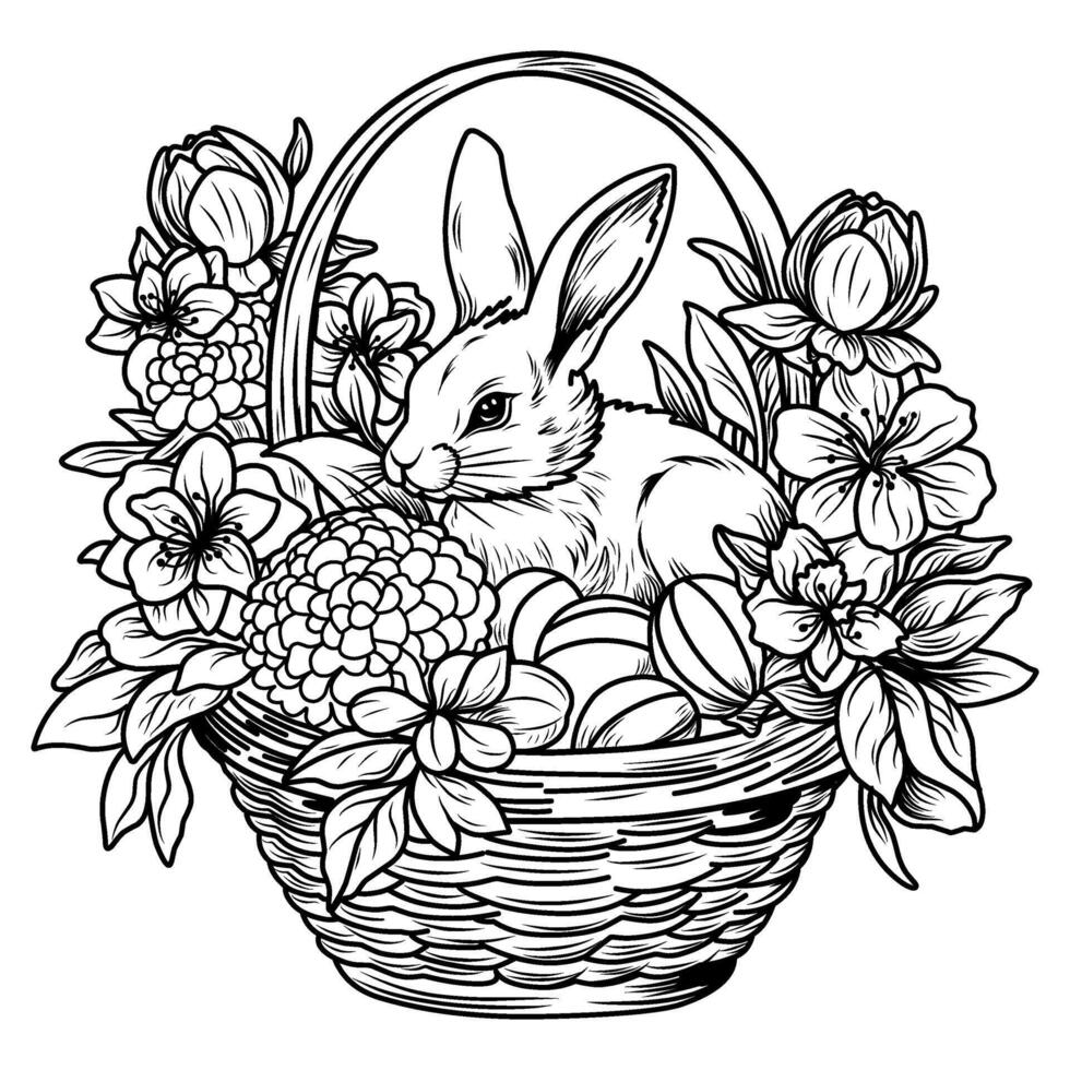 Festive Easter basket, cute bunny egg hunter with Easter eggs, spring flowers, on a white isolated background. Good coloring books for children and adults. vector