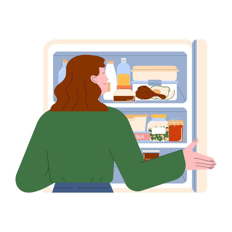 Leftovers management. Organized fridge, food storage for waste reduction vector