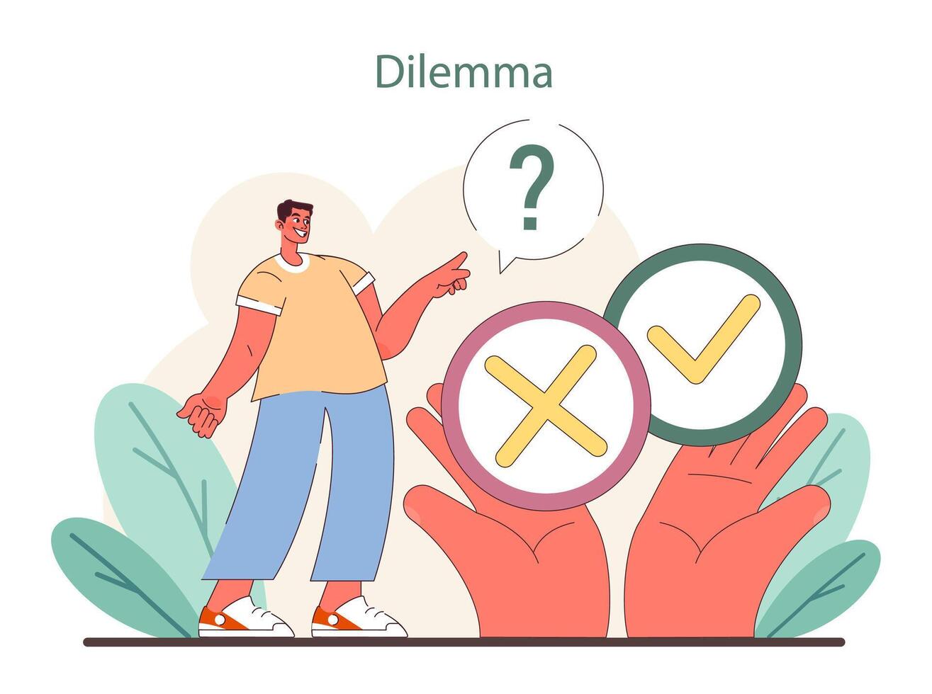 Dilemma concept. A person contemplates choices, illustrated by a yes-no decision symbol. vector