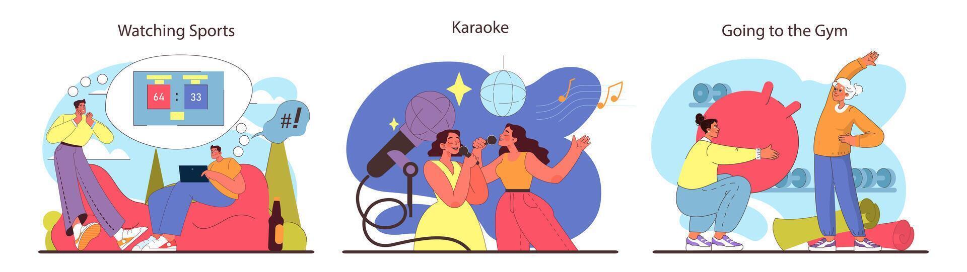 Friends activities set. Groups enjoy varied pastimes, from intense sports viewing and vibrant karaoke singing to fitness workouts. vector
