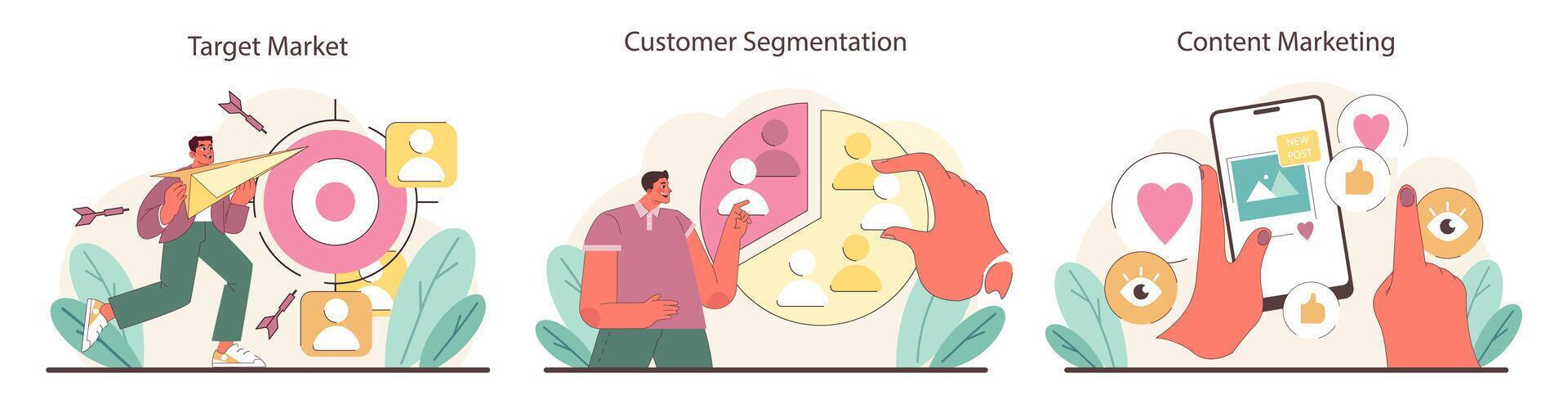 Marketing Strategies set. Visual scenarios of targeting, segmenting. vector