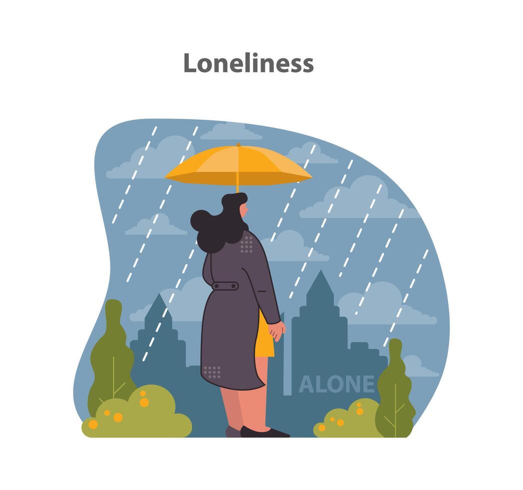 Loneliness visualized. Solitary figure against the city's backdrop. vector