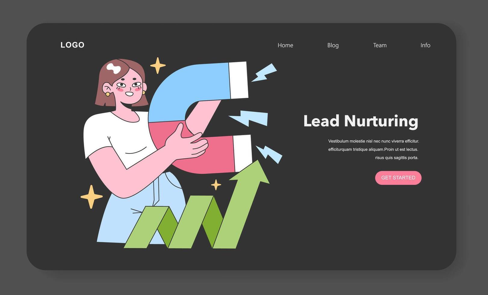 Focused woman engaging in lead nurturing. Flat vector illustration