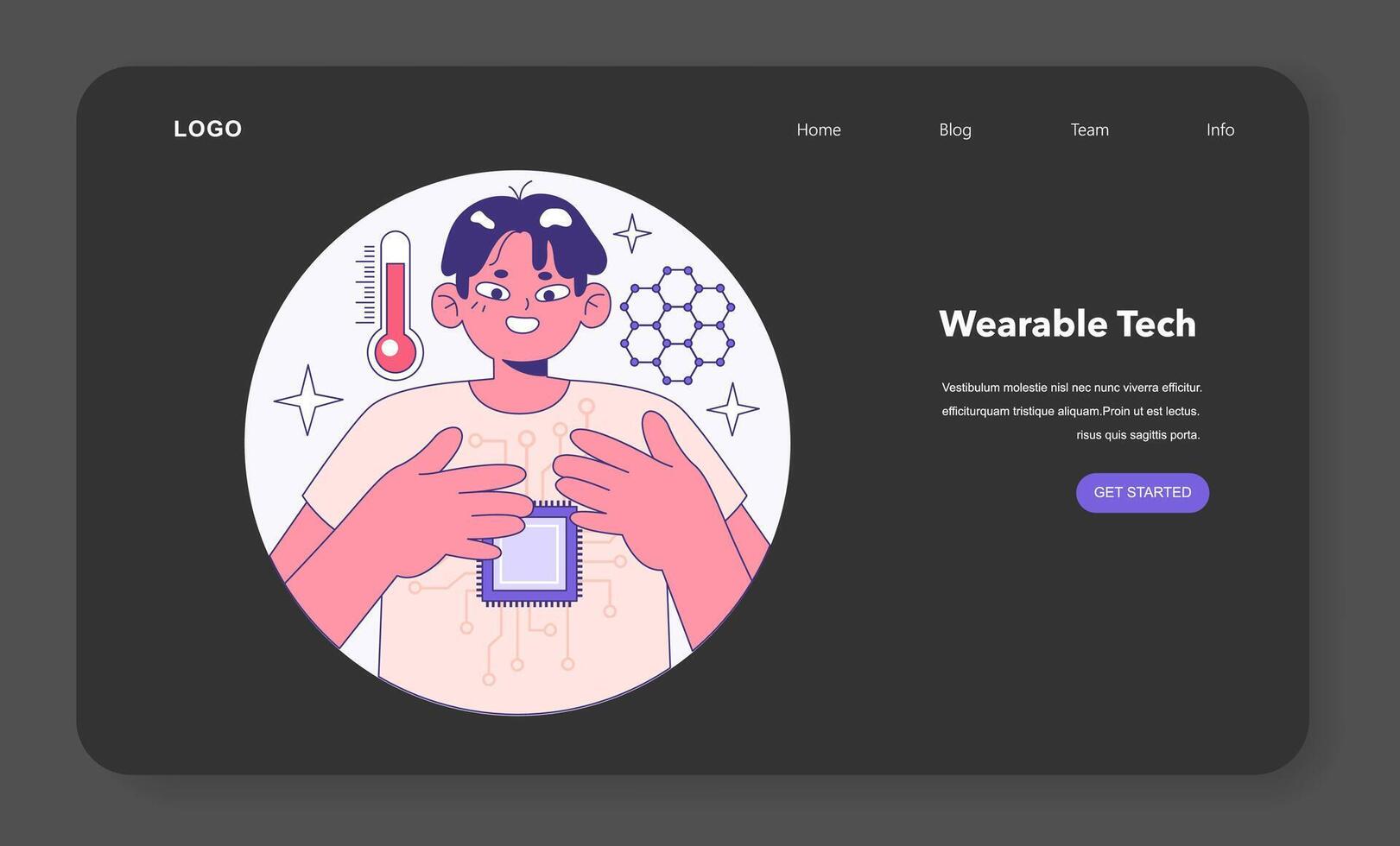 Wearable technology night or dark mode web banner or landing page. vector
