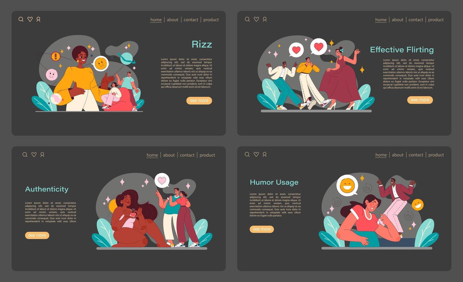 Rizz concept set. Interactive layouts featuring rizz, authenticity, effective flirting, and humor usage. vector