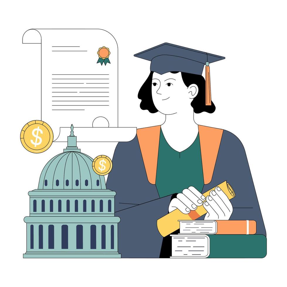 Government subsidy. Education sector receive financial support. Graduate vector