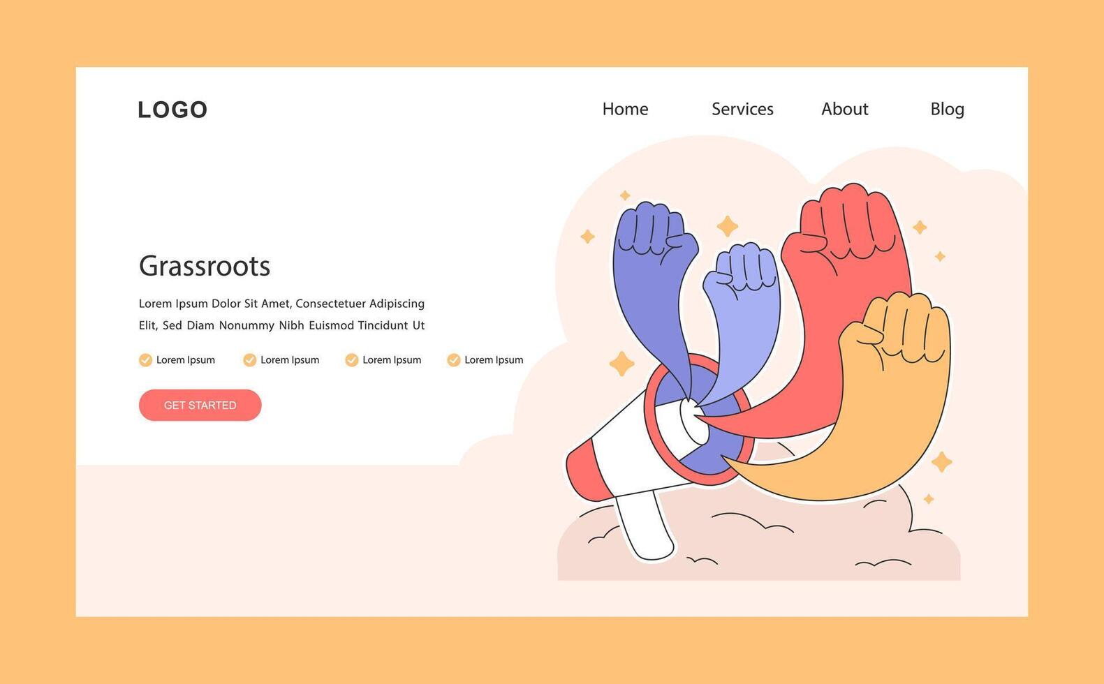 Grassroots. United fists emerge from a megaphone, representing vector