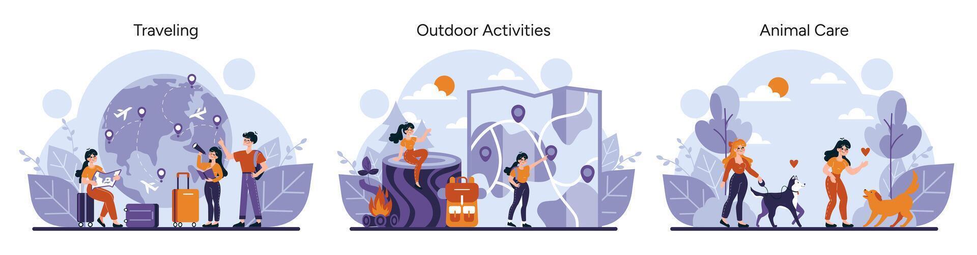 Experiences from globe-trotting to hiking, and pet interaction, depicting family bonds and outdoor pursuits vector