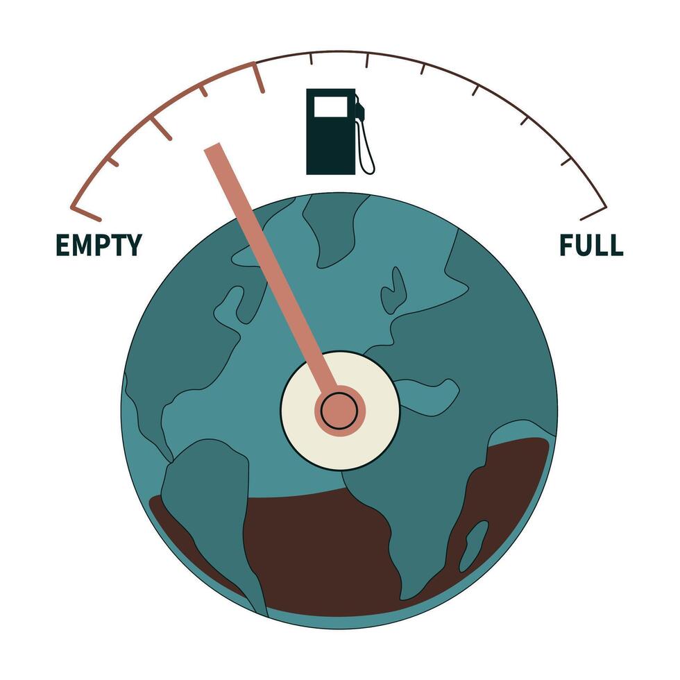 Fossil fuel. Natural resource depletion. Earth as a fuel gauge almost vector