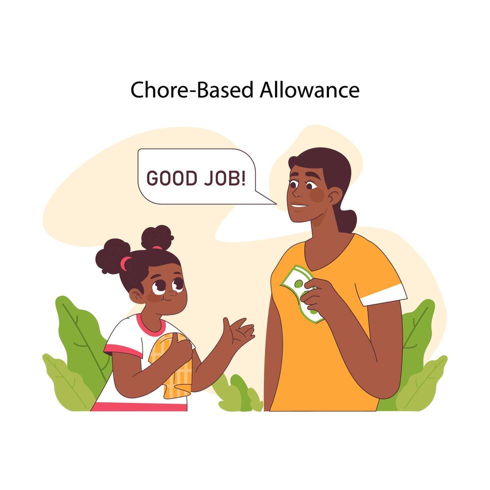 Chore-based allowance concept. Proud mother rewards diligent daughter vector