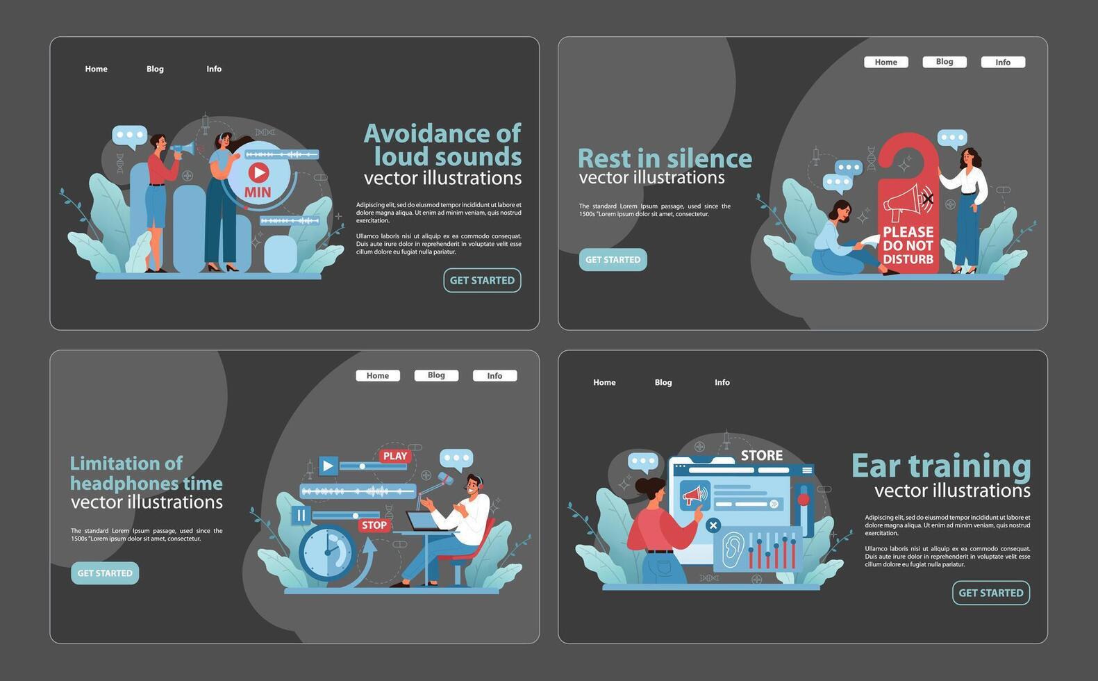 Hearing Care Web Graphics Set. Web-friendly vector illustrations offering guidance on avoiding loud sounds.