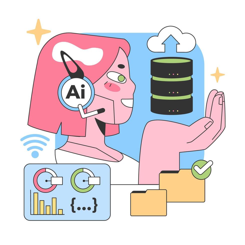 Enthusiastic individual explores AI capabilities. Flat vector illustration.