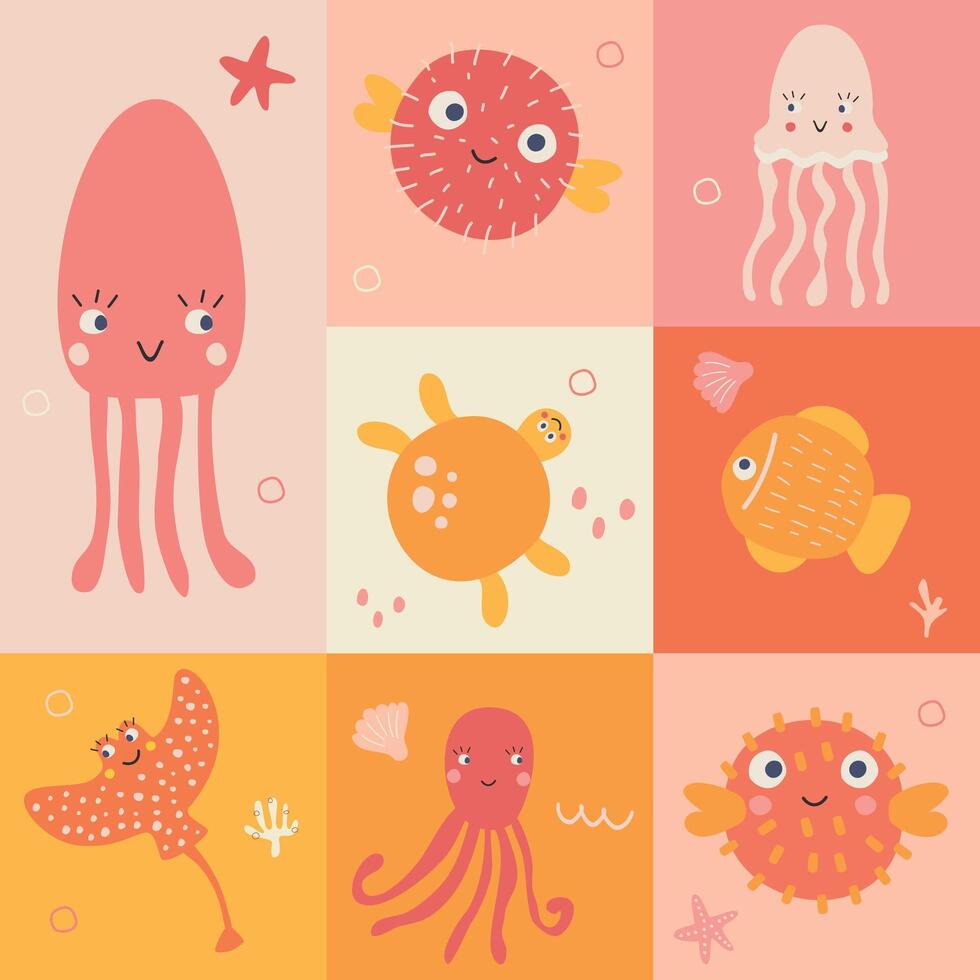 Cute funny seamless pattern with marine animals vector illustration