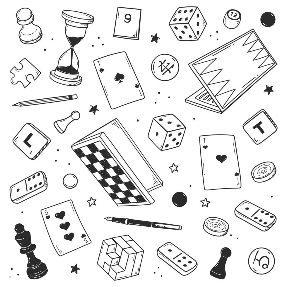 set of hand-drawn board games. sketch doodle of chess, checkers, go, dominoes, playing cards, scrabble, backgammon isolated on background. vector