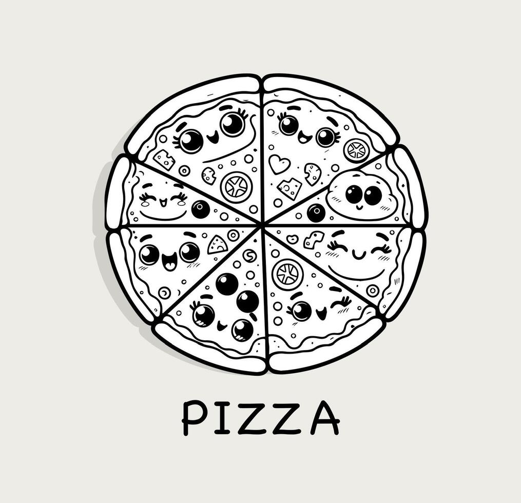 Cute kawaii pizza slices with various toppings smiling, for menus, food blogs, children illustrations. Vector illustration.