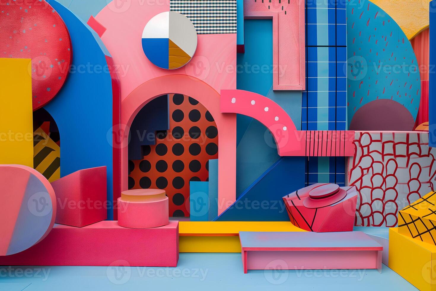 AI Generated abstract background of playful convergence of 2D pop-art graphics and 3D geometric shapes creating a vibrant multiverse portal, embodying high-energy and big-impact visuals photo