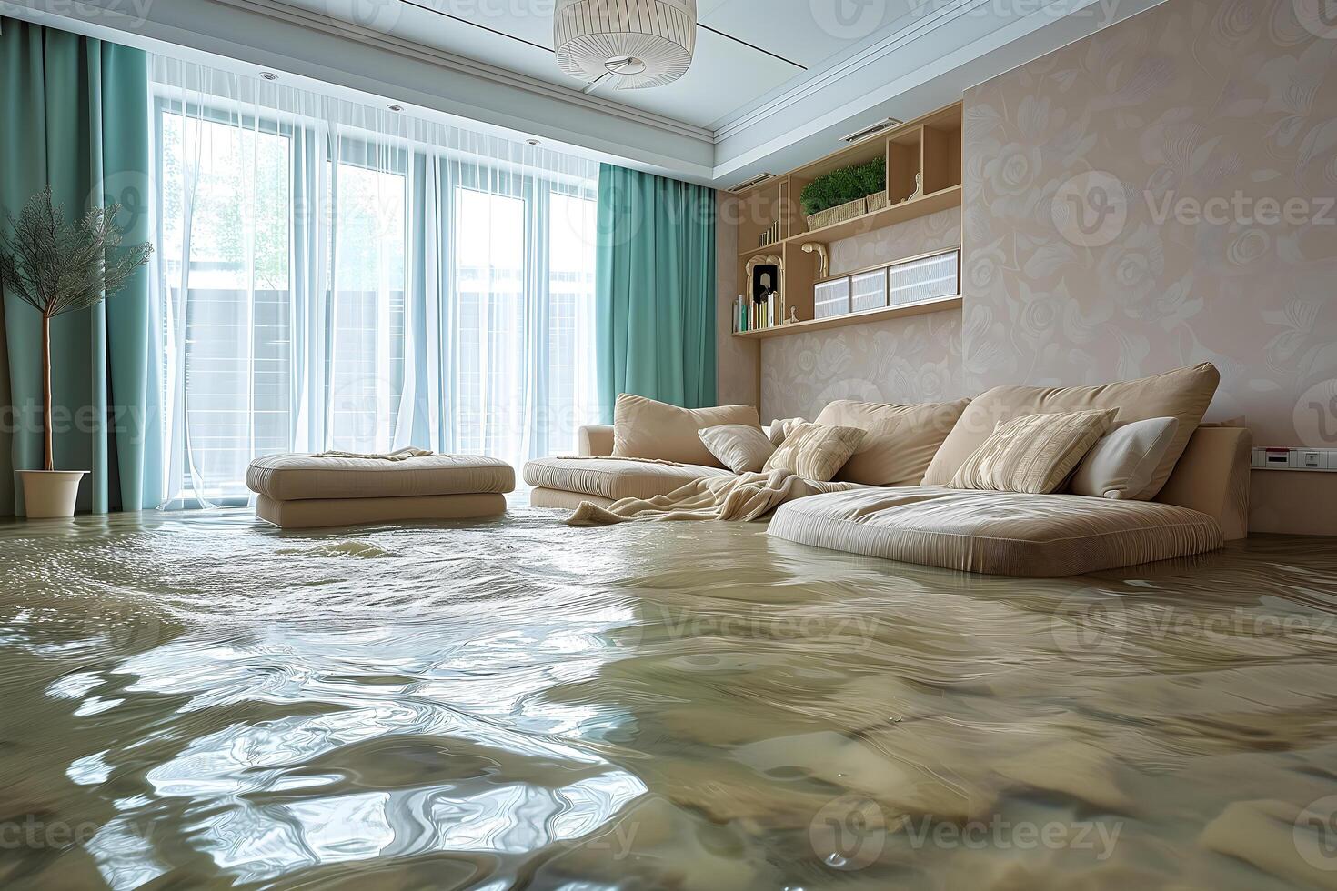 AI Generated Home Floor Flooded, Showcasing Water Damage And Potential Issues photo