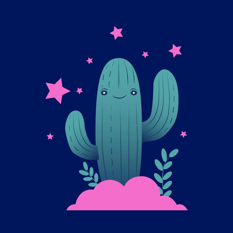 dino5cute gracioso cactus en un oscuro antecedentes. vector ilustración