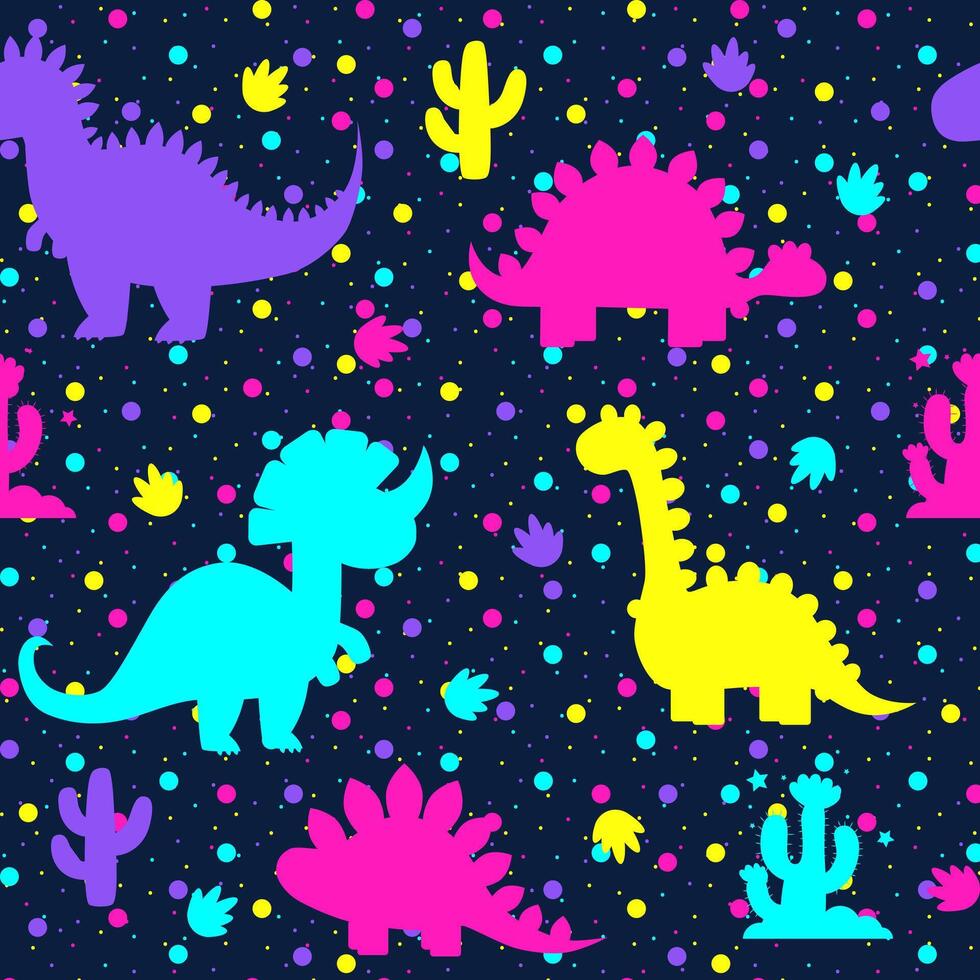 dino.pattcolorido dinosaurios en un oscuro antecedentes. sin costura modelo. vector ilustración