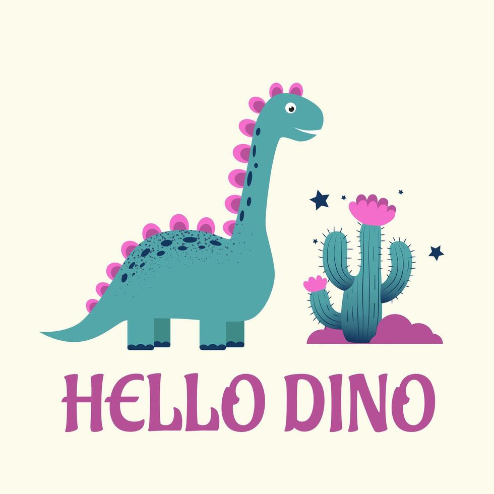 Dino2Cute dinosaur and cactus on a light background. Vector illustration