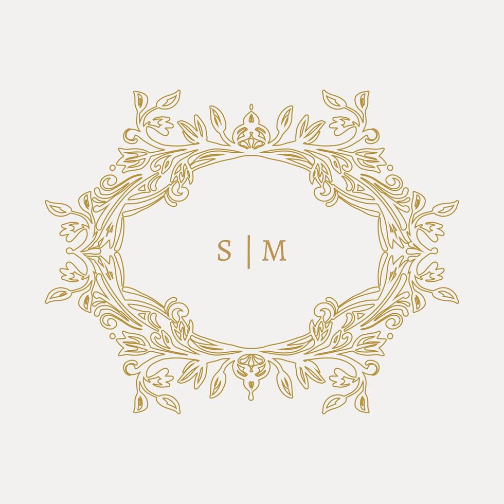 Wedding monogram design with SM inital. Monogram crest with intricate motif designs vector