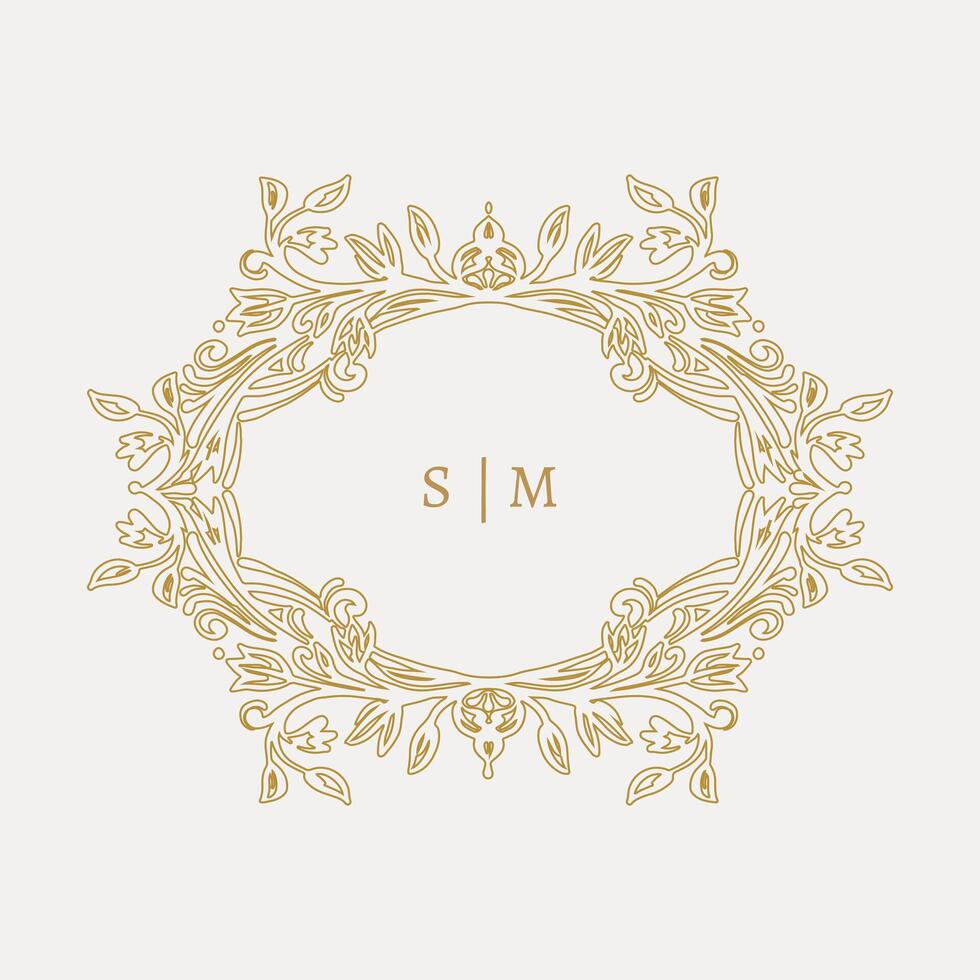 Wedding monogram design with SM inital. Monogram crest with intricate motif designs vector