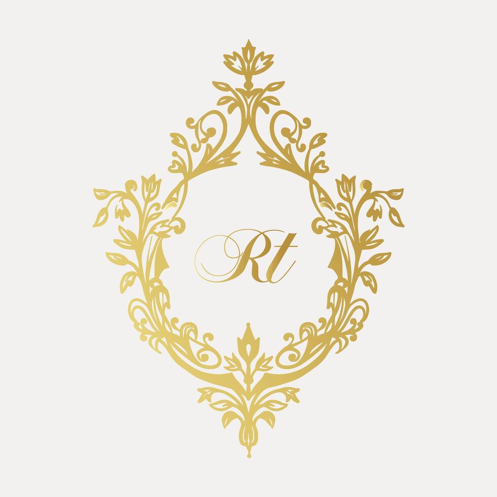 Wedding monogram design with RT inital. Monogram crest with intricate motif designs vector