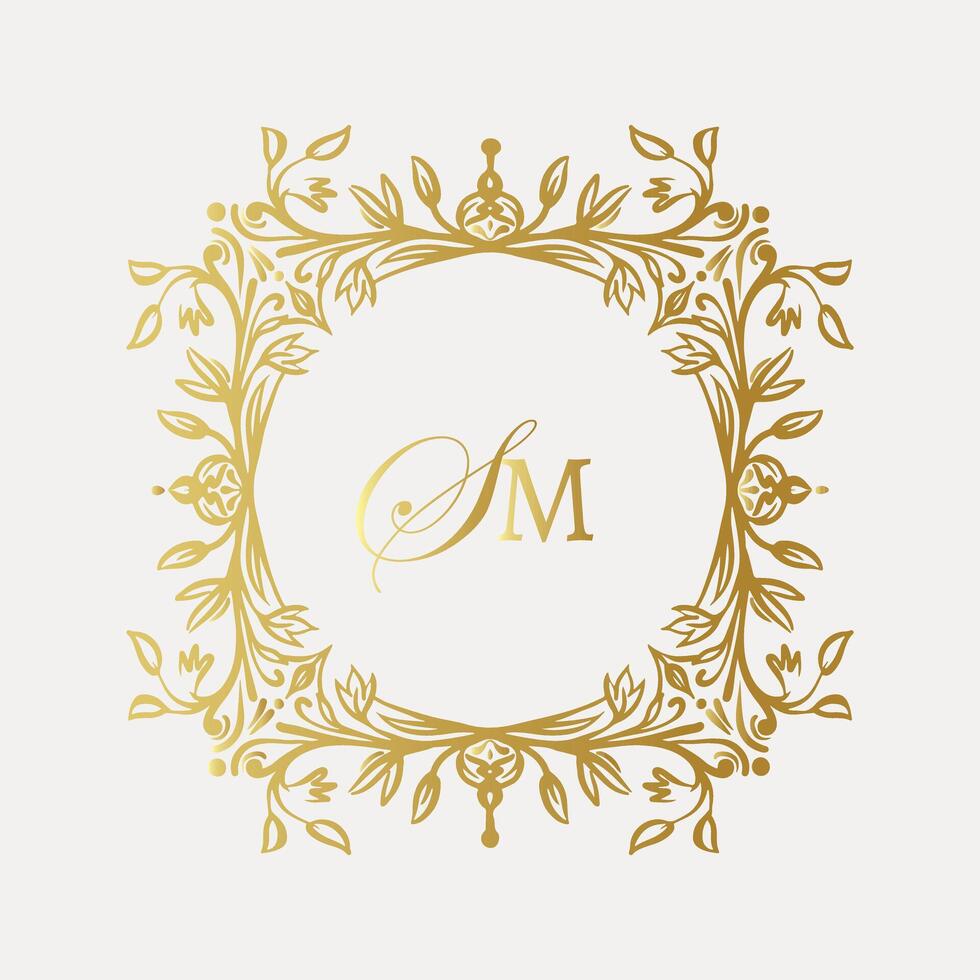 Wedding monogram design with SM inital. Monogram crest with intricate motif designs vector
