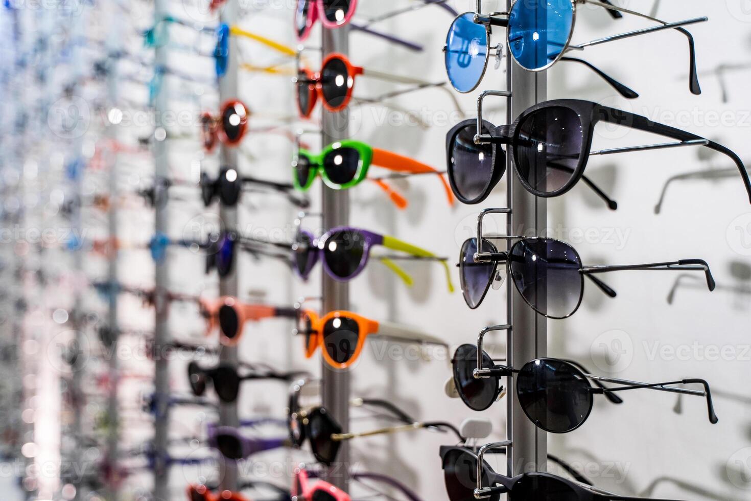 Eyeglasses show products on the shelf.Glasses multiple design. photo