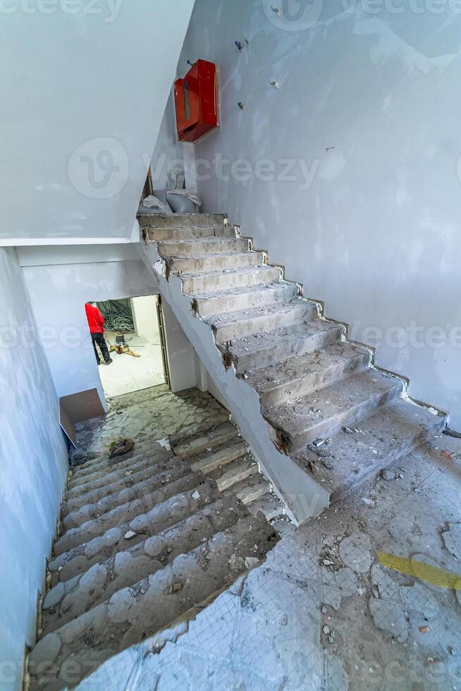 View at the stairs at the repair period. Building at the house. Full length. Stock photo