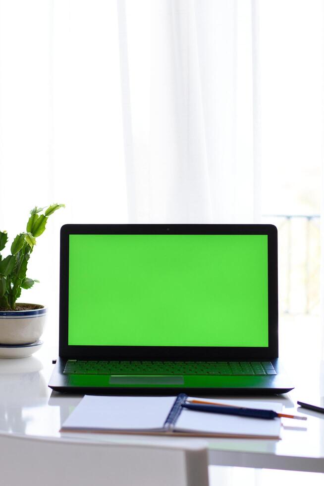 Non-people image of desk setups, work environments. Vertical view of laptop with green screen, notebook, pen and flower on the table in front of window. Selective focus. Concept of distance education photo