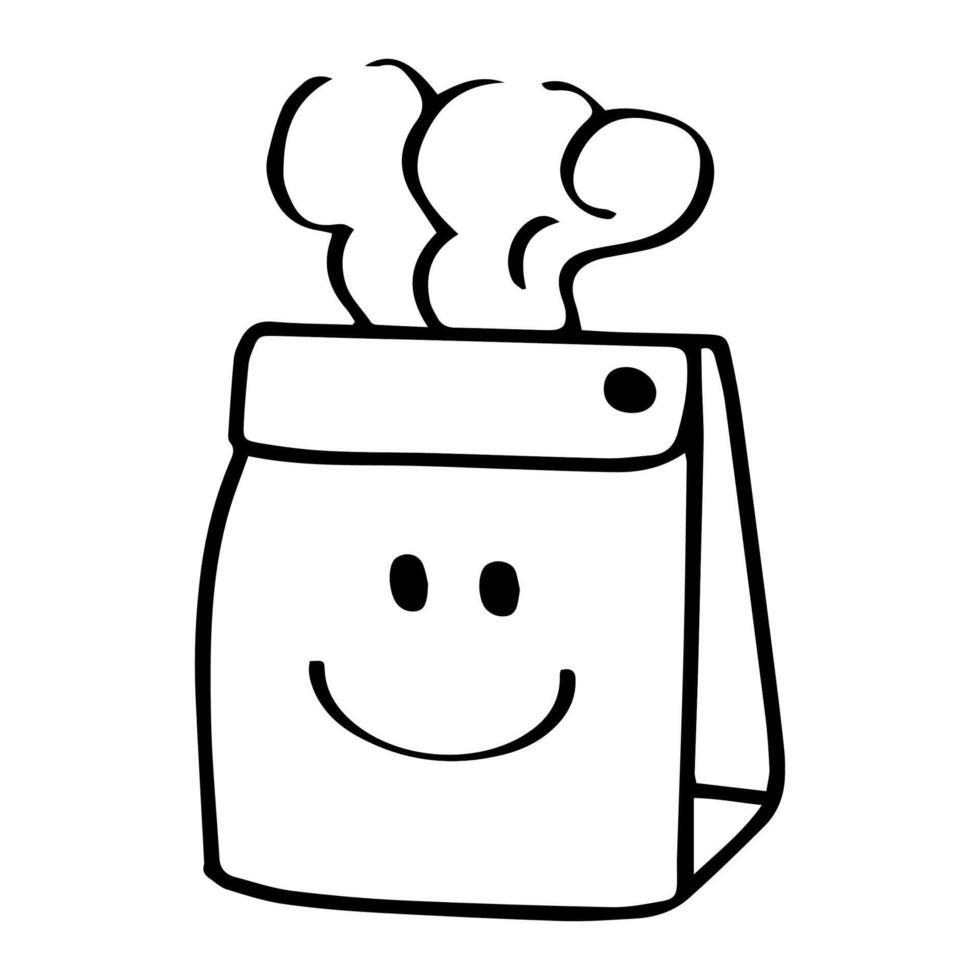 A paper bag with a smiley face and steam coming out of it.outline