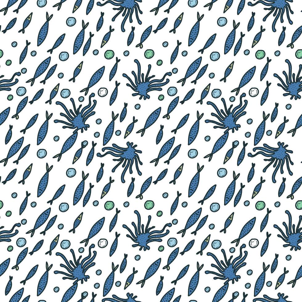 Hand drawn seamless pattern with sea fish. Tropical underwater life background. Vector illustration.