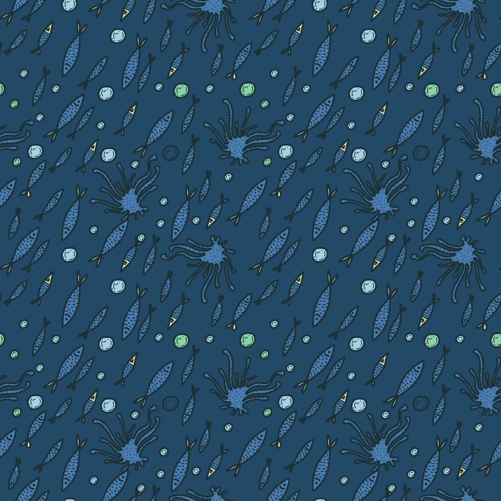 Hand drawn seamless pattern with sea fish. Tropical underwater life background. Vector illustration.