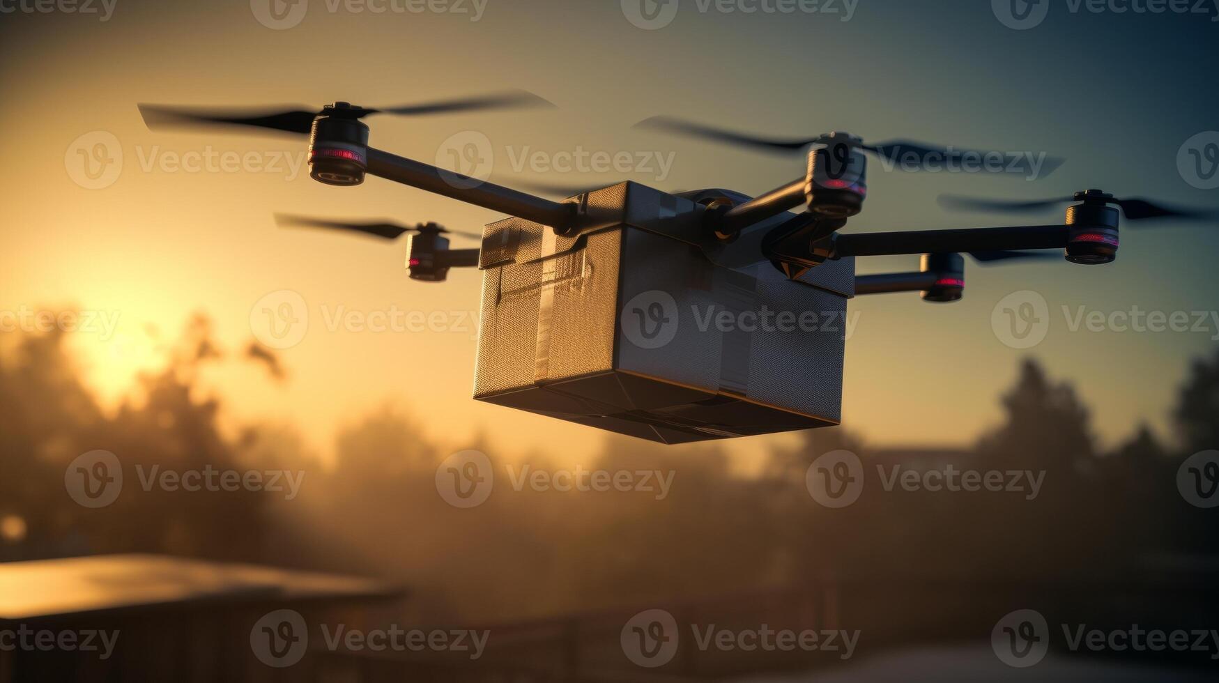 AI Generated A drone with four rotors carries a package with a delivery icon, flying against a sunset city backdrop photo